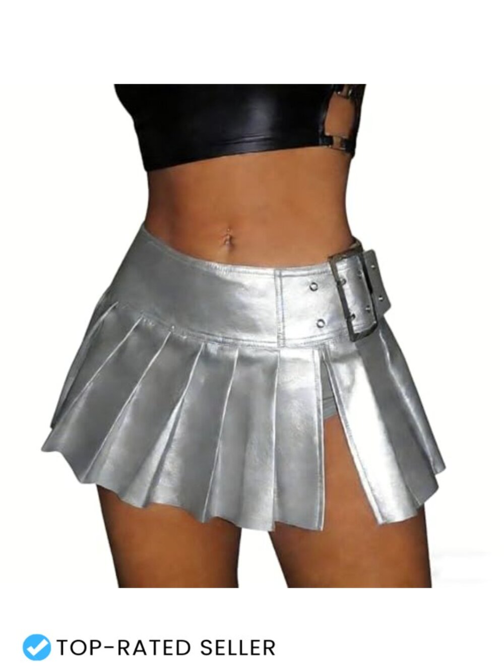 Y2K Faux Leather Pleated Micro Mini Skirt with Side Slit and Buckle